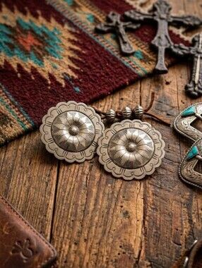 Vintage Southwestern Sterling Silver Stamped Concho Earrings.